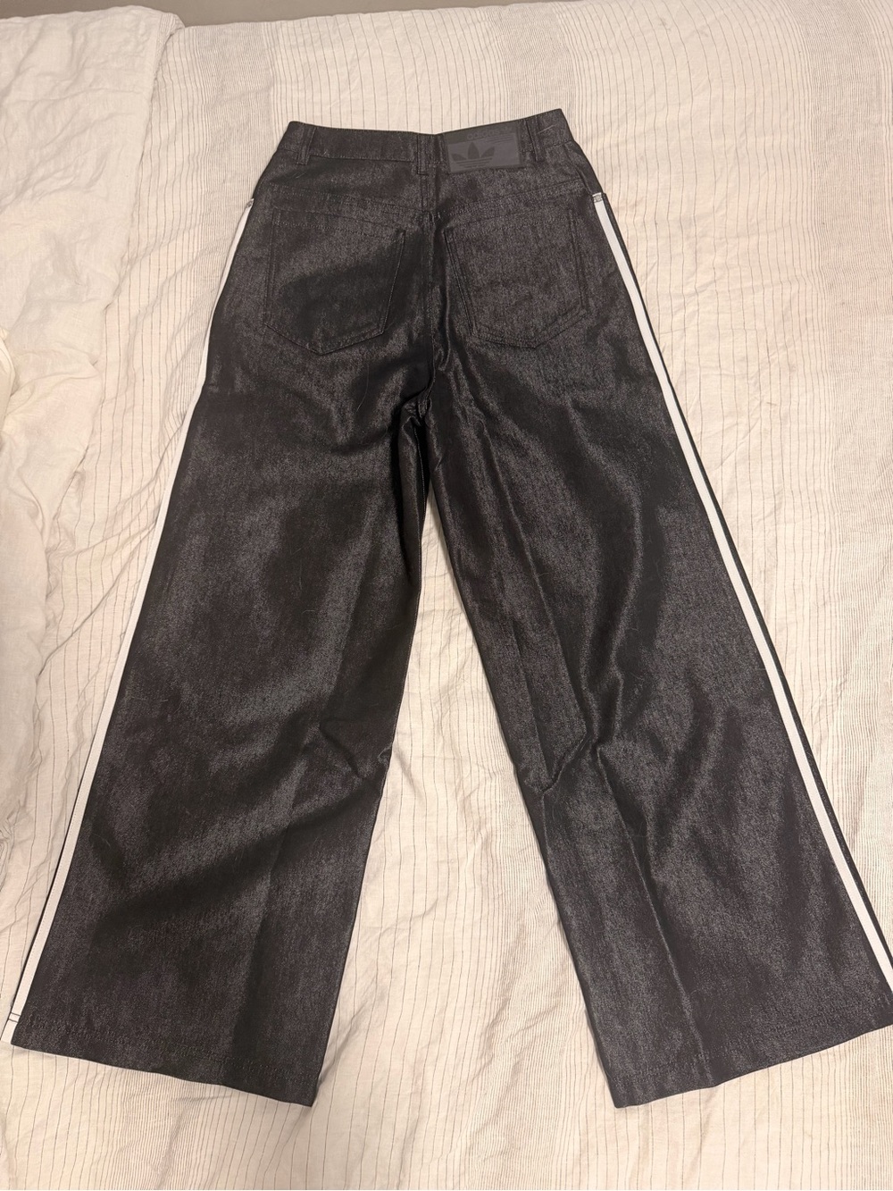 adidas originals baggy shiny Black Wide-Leg Jeans with White Side Stripes - Picture 6 of 7